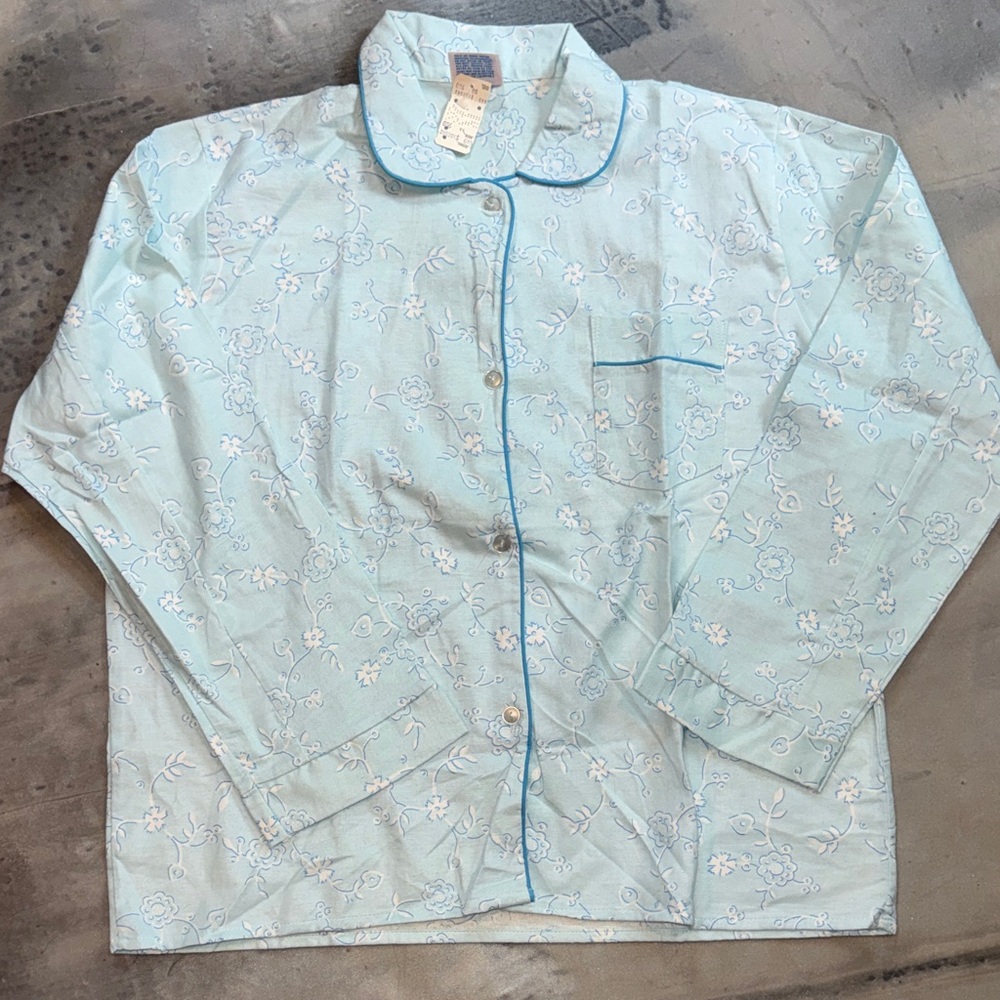 Vintage 70s/80s Blue Floral Flannel PJ Top NWT | Size 14 | Made in Hong Kong